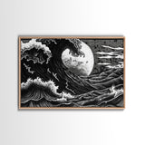 Ocean Wave Wall Art Framed Canvas Print, Unique Wall Art, Hokusai Inspired Japanese Style Wall Art, Oversized Art Ocean Print, Retro Art