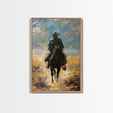 Lone Cowboy Riding into Sunset - Framed Canvas Print, Western Art, Living Room Decor, Cowboy Art for Bedroom, Rustic Wall Art