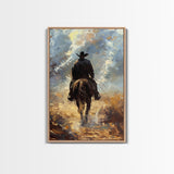 Lone Cowboy on Horse in Wilderness - Framed Canvas Print, Western Art, Rustic Decor, Living Room Wall Art, Cowboy Themed Art