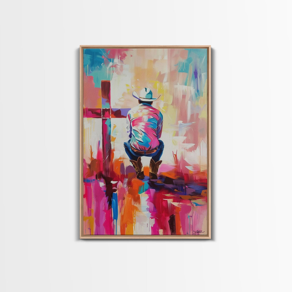 Abstract Cowboy with Cross in Bold Hues - Framed Canvas Print, Modern Western Decor, Vibrant Cowboy Wall Art for Living Room or Bedroom