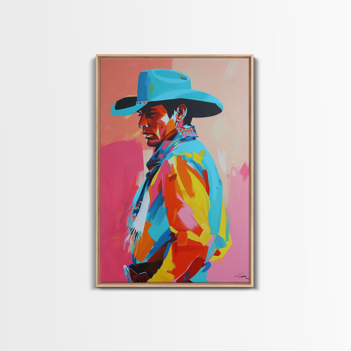 Profile of Stylish Cowboy in Hat - Framed Canvas Print, Colorful Western Art, Bold Cowboy Wall Art for Living Room