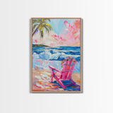 Vibrant Beach Scene with House and Palm Trees - Framed Canvas Print, Colorful Coastal Art, Living Room Decor, Beach House Wall Art