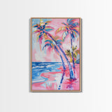 Vibrant Palm Trees and Ocean Waves in Abstract Style - Framed Canvas Print, Coastal Wall Art, Tropical Beach Decor for Living Room