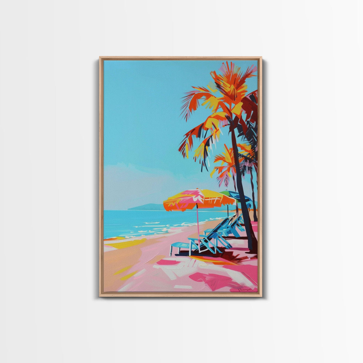 Palm Trees and Sun Loungers on Tropical Beach - Framed Canvas Print, Vacation Paradise Art, Beach Decor for Living Room