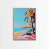 Palm Trees and Sun Loungers on Tropical Beach - Framed Canvas Print, Vacation Paradise Art, Beach Decor for Living Room