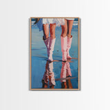 The Beach Cowgirls pink cowboy boots on a beach, artistic reflection Framed Canvas Print - beach decor, fashion art, summer vibes