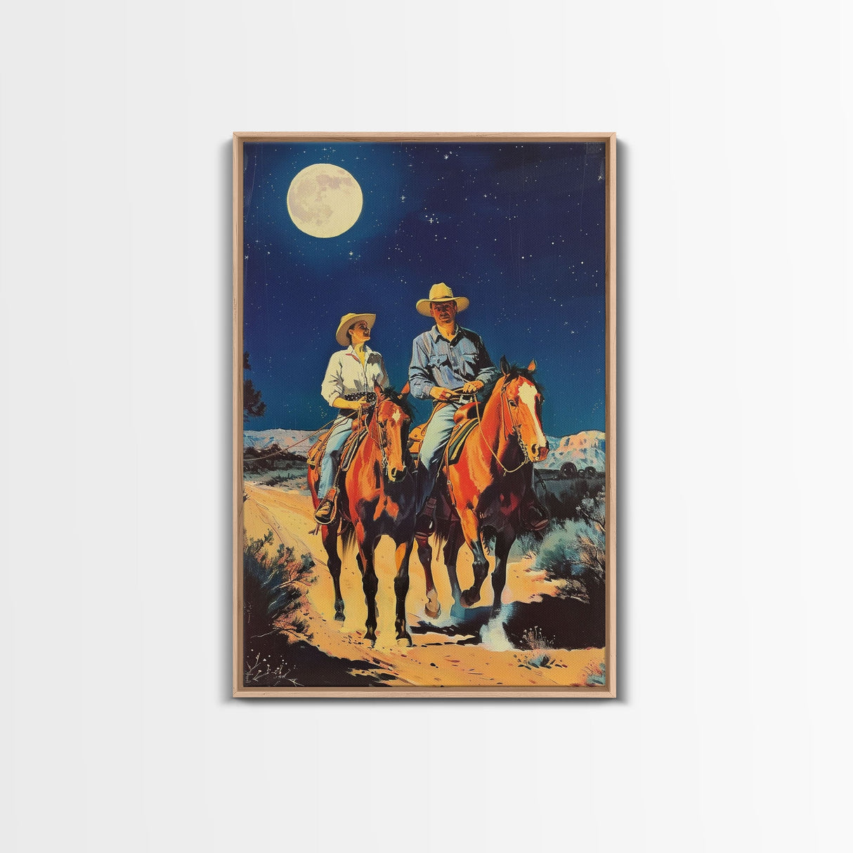 Western Cowboys Riding Horses Under Moonlight - Rustic Night Sky Wall Art, Cowboy Painting, Living Room Decor, Western Canvas