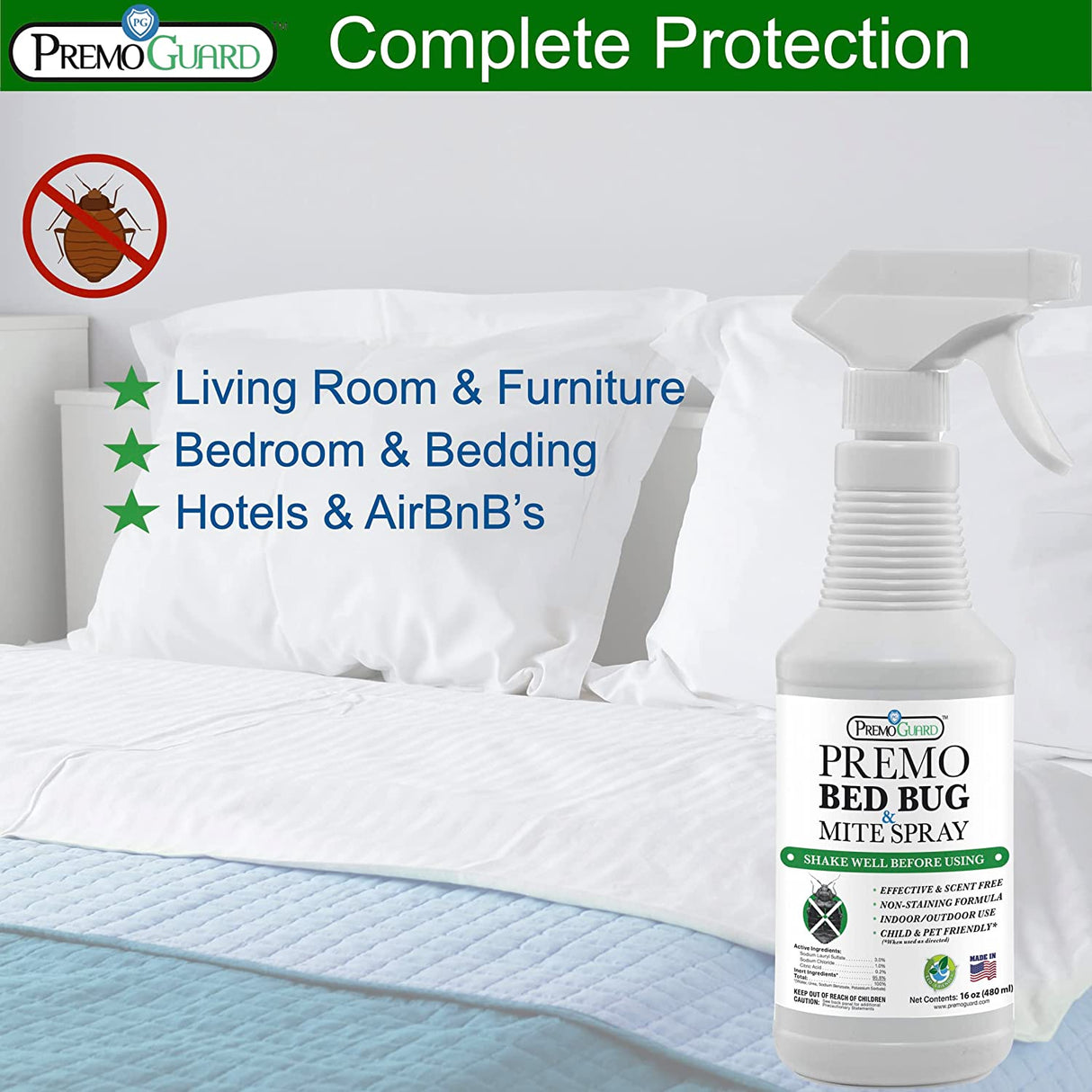 Bed Bug & Mite Killer - 16 oz - All Natural Non-Toxic - By Premo Guard