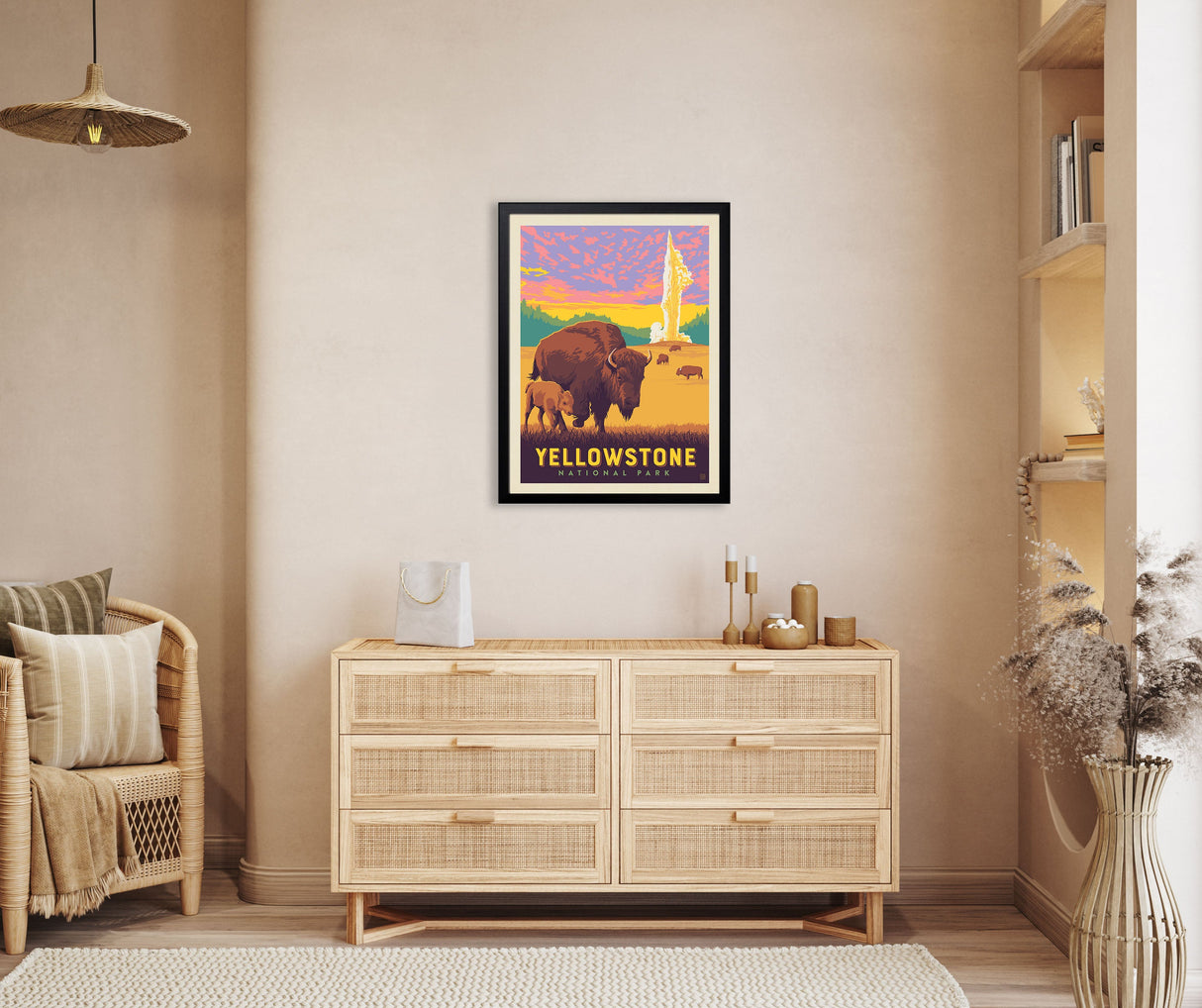 Yellowstone National Park: Old Faithful Bisons (63 National Parks) Art Print