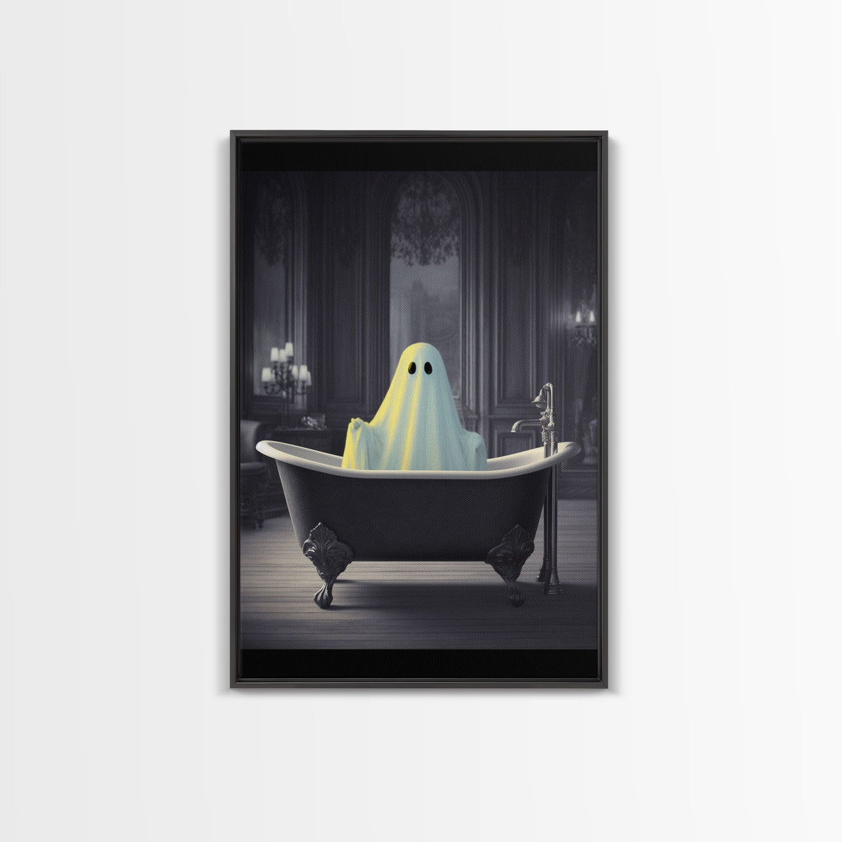 Funny Halloween Art, Ghost Takin' A Bath, Framed Canvas Print, Halloween Canvas, Ghost In The Tub, Goofy Gothic Victorian Art