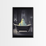 Funny Halloween Art, Ghost Takin' A Bath, Framed Canvas Print, Halloween Canvas, Ghost In The Tub, Goofy Gothic Victorian Art
