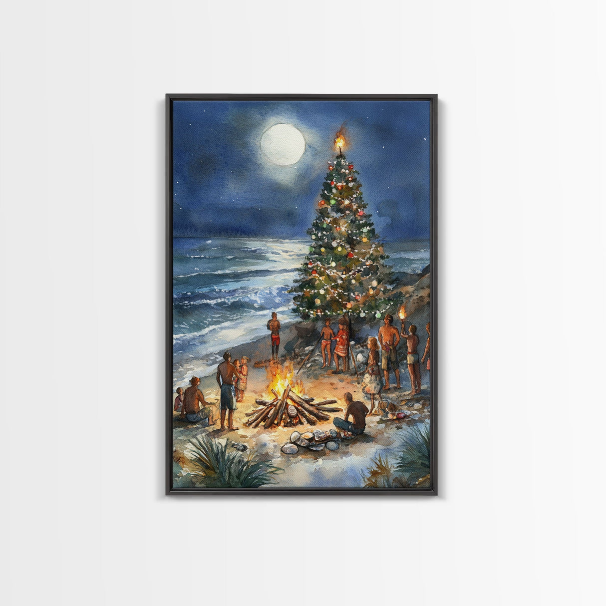 Christmas At The Beach, Framed Canvas Print, Christmas Decor, Christmas Art, Christmas Art Prints, Tropical Christmas, Beach House Art