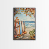 Surfboards In The Fall, Surfer Thanksgiving Wall Art Framed Canvas Print, Tropical Decor, Beach Art