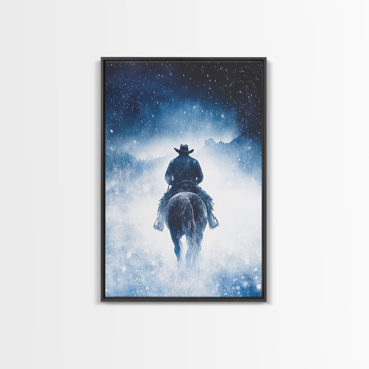 Rider In The Snow Storm, Framed Canvas Print, Western Winter Landscape Painting, Winter Wonderland Art