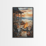 Beach Campfire On The Fall, Framed Canvas Print, Boho Beach Art Nautical Decor, Modern Christmas / Thanksgiving Gift Wall Art