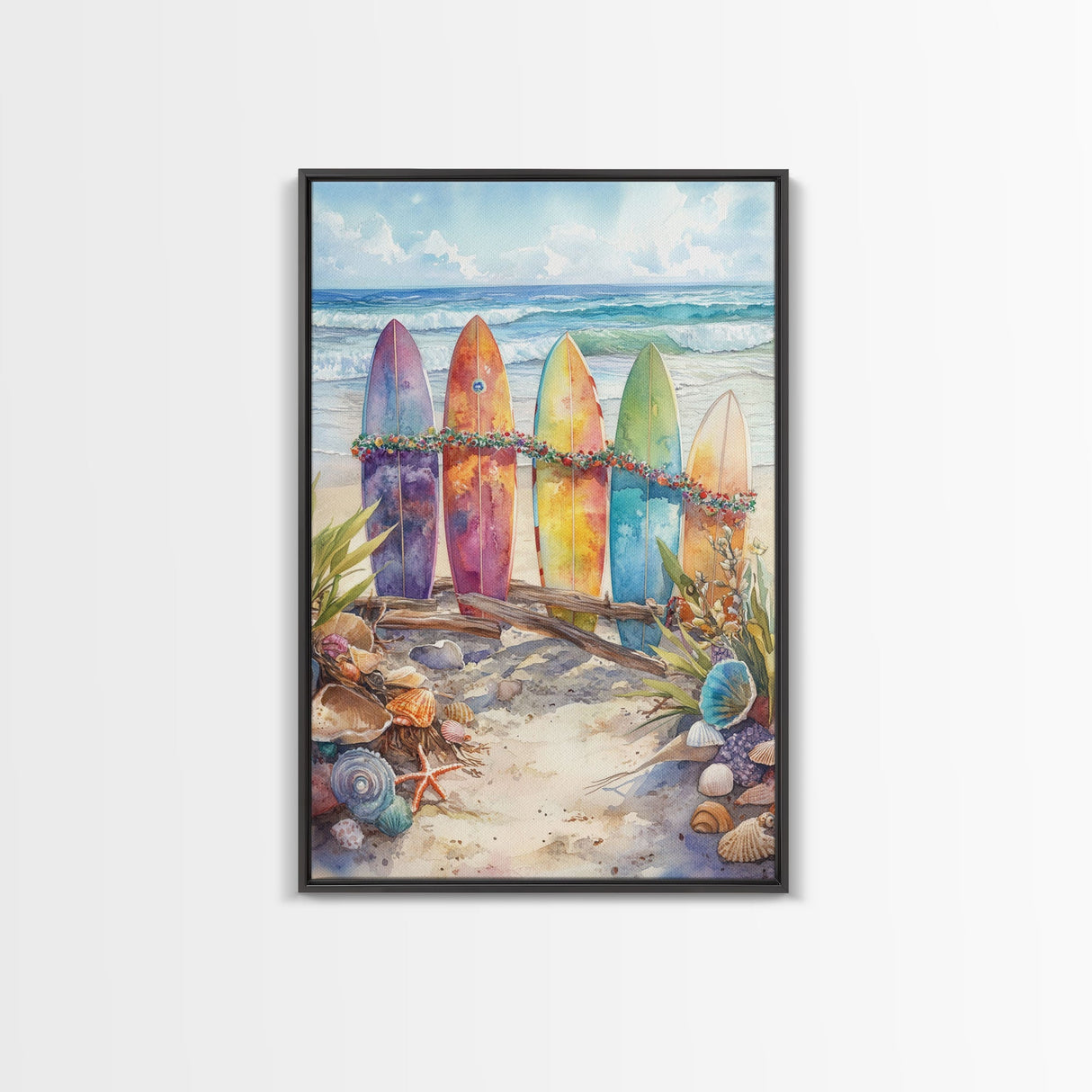 Christmas Surfboards On A Snowy Beach, Framed Canvas Print, Tropical / Nautical Christmas Art or Gift Idea, Christmas Poster