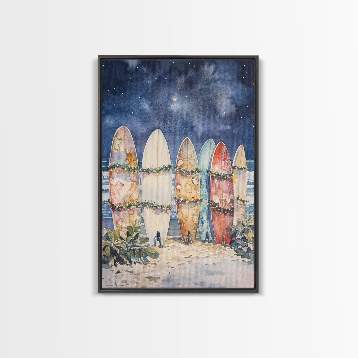 Christmas Surfboards On A Snowy Beach, Framed Canvas Print, Tropical / Nautical Christmas Art or Gift Idea, Christmas Poster