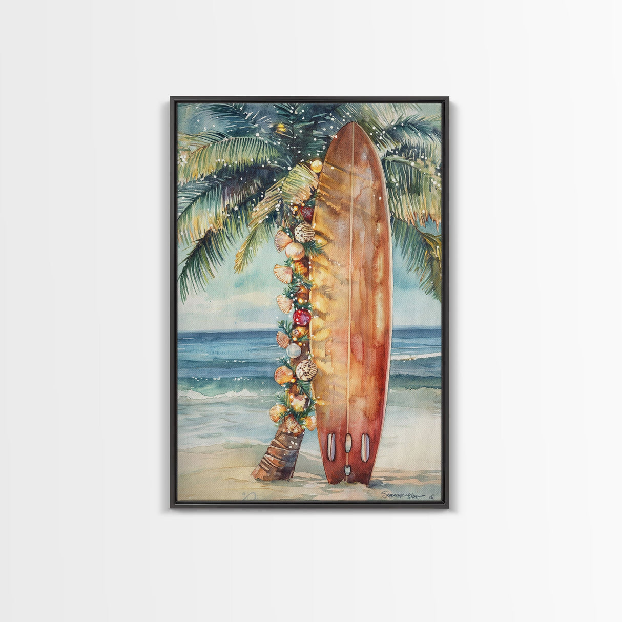 Surfboard Art Framed Canvas Print, Tropical Christmas Decor, Xmas Art, Christmas 2024 Gift Idea For Her