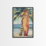 Surfboard Art Framed Canvas Print, Tropical Christmas Decor, Xmas Art, Christmas 2024 Gift Idea For Her