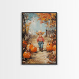 Autumn Cowboy Decor Canvas Print with Pumpkins, Fall Holiday Wall Art and Seasonal Gift Idea 2024