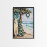 Surf Shack Christmas Framed Canvas Print, Beachfront Holiday Scene with Decorated Tree Surfboard, Coastal Wall Art Tropical Christmas Decor