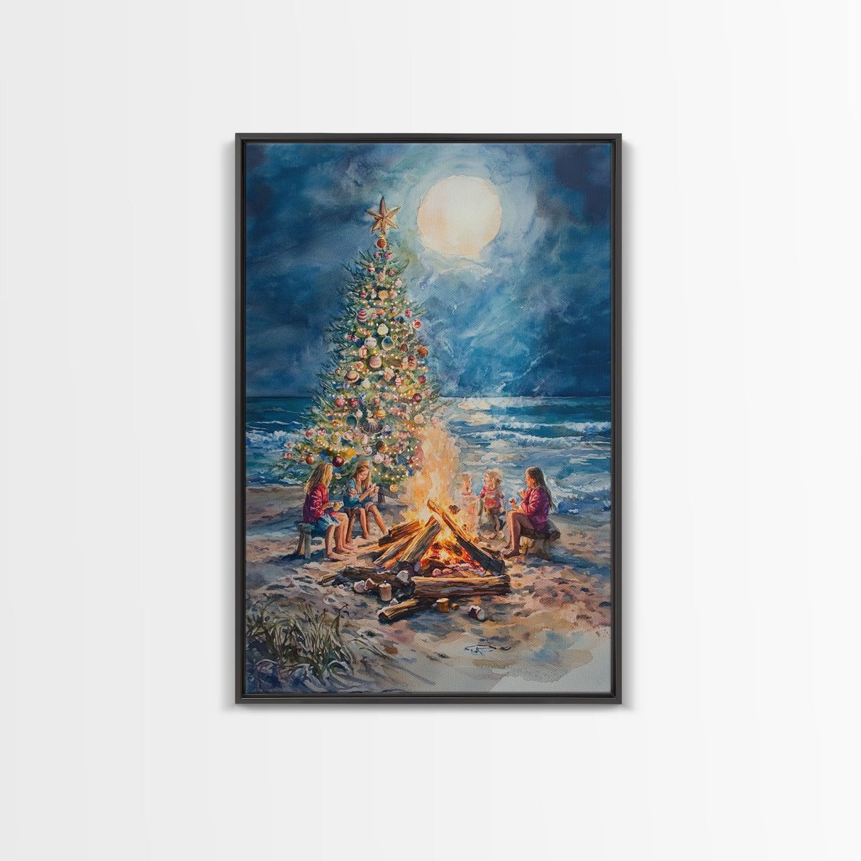 Christmas by the Bonfire Framed Canvas Print Family Gathering Around Christmas Tree Beach, Coastal Holiday Wall Art Nautical Christmas Decor