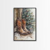 Rustic cowboy boots by Christmas tree, Framed Canvas Print, farmhouse Christmas decor, cozy holiday wall art, western style home decor