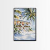 Beach Christmas porch with palm trees and wreaths, holiday decor Framed Canvas Print Christmas wall art farmhouse tropical decor idea