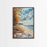 Autumn beach landscape with vibrant fall leaves and coastal breeze Framed Canvas Print perfect fall wall art for seasonal farmhouse decor