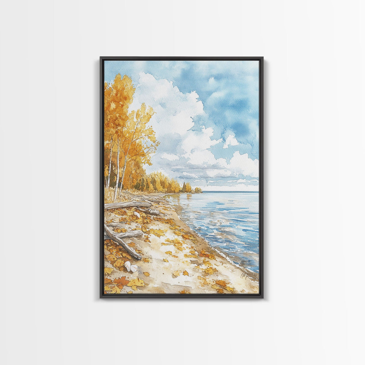 Autumn beach scene with golden trees and calm shoreline Framed Canvas Print, fall landscape art perfect autumn wall decor for rustic homes