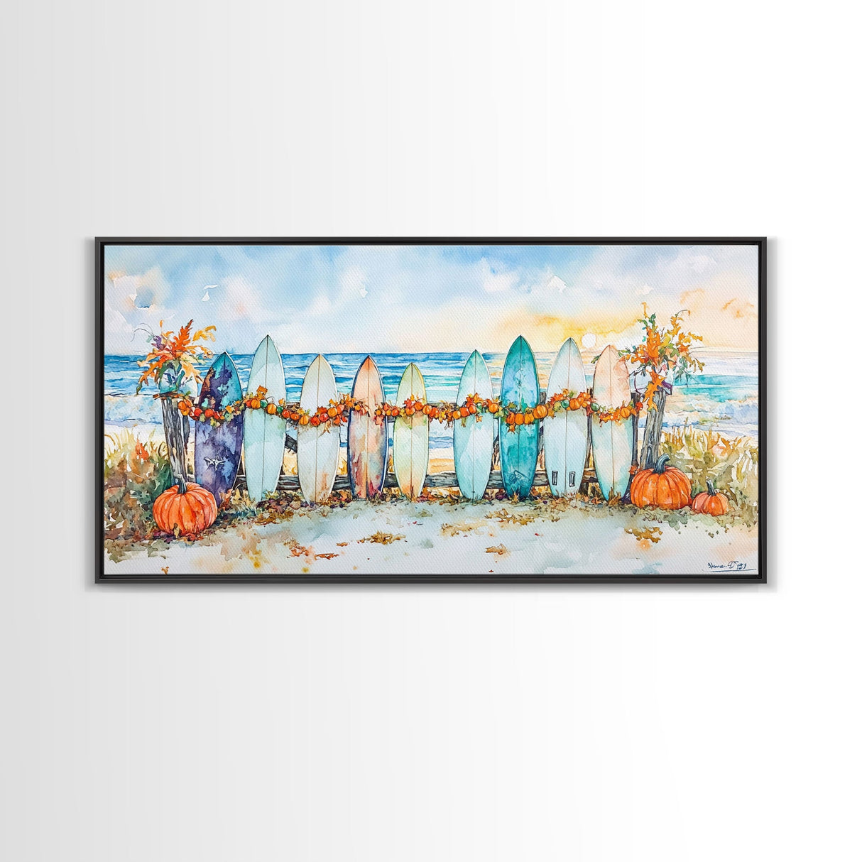 Framed Canvas Print Beach Scene with Surfboards and Pumpkins, Fall Beach Decor, Autumn Coastal Wall Art, Perfect Fall Beach Theme