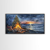 Beach Christmas decor with bonfire, sunset coastal holiday wall art, Christmas tree print, festive coastal art gift, framed canvas print