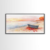 Autumn beach landscape art, fall sunset wall art, coastal boat decor, beach fall home decor, seasonal wall art gift, framed canvas print