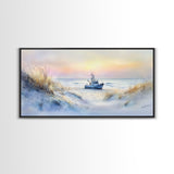 Seaside winter ship art, beach winter landscape, coastal holiday art, framed canvas print, nautical decor, Christmas wall art