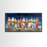 Surfboards with Christmas lights, tropical Christmas wall art, beach holiday decor, framed canvas print, coastal Christmas art, festive art