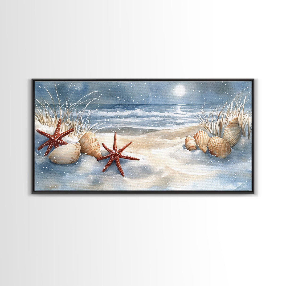 Snow-Covered Beach with Shells and Starfish, Framed Canvas Print, Coastal Holiday Decor, Nautical Christmas Art, Beach Christmas Art Gift