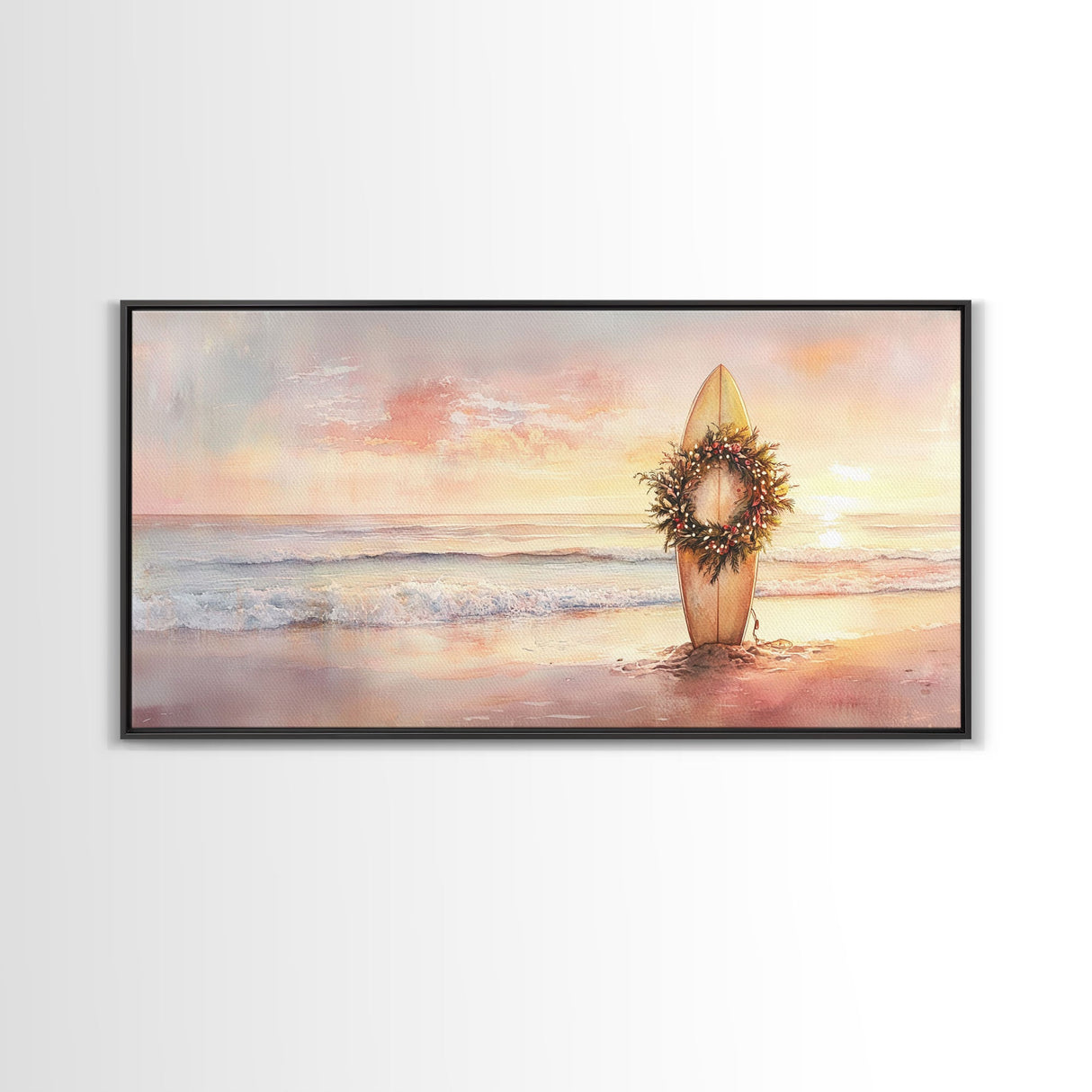 Tropical Beach Sunset Surfboard Wreath Canvas Print | Coastal Christmas Art Gift | Beach Christmas Decor | 2024 Christmas Home Wall Art