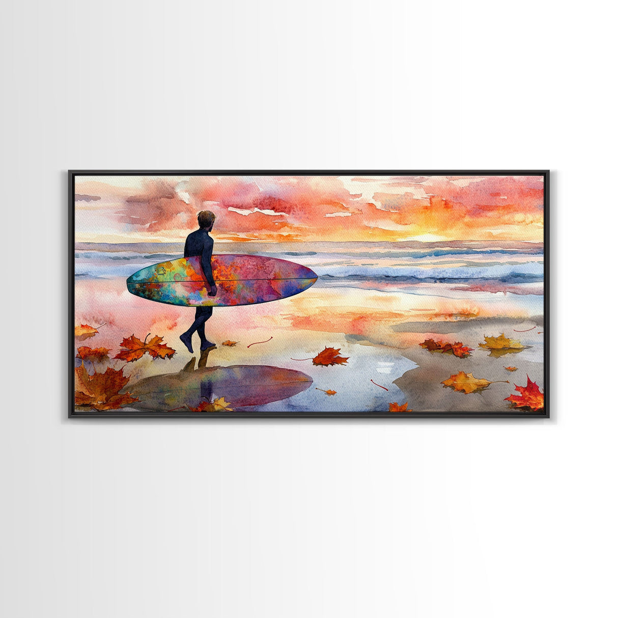 Autumn Surfing Sunset Canvas Print | Fall Surf Art Gift | Seasonal Wall Art Decor | Gift Idea | Beach Decor Fall Theme | Framed Canvas Print