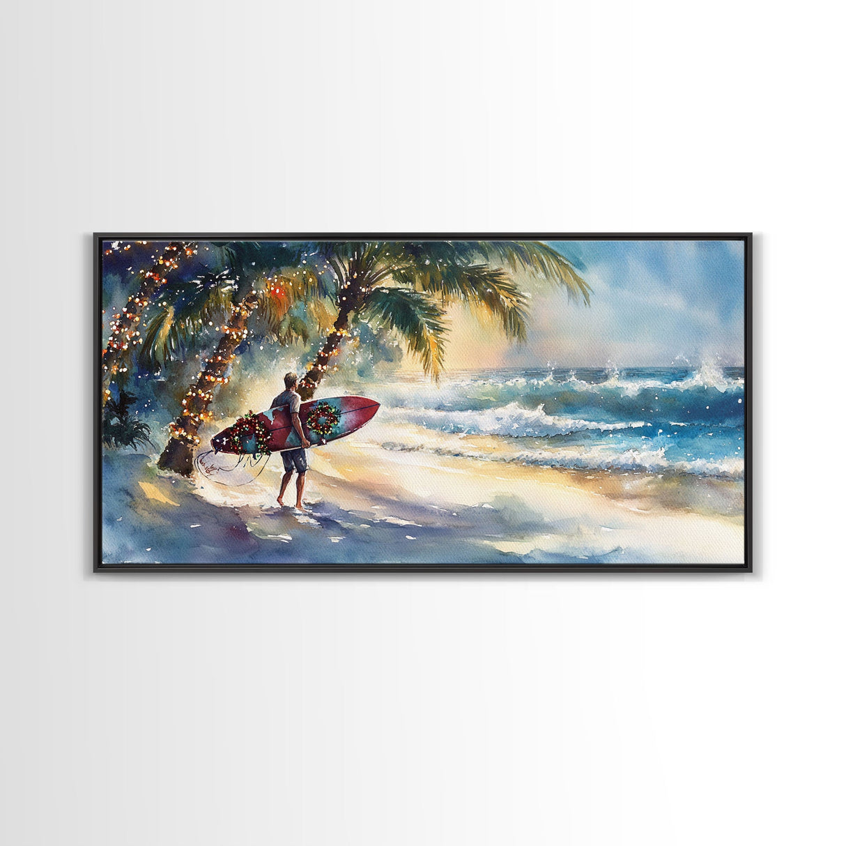 Surfer Christmas Tropical Canvas Print | Beach Christmas Art | 2024 Holiday Wall Art | Tropical Christmas Home Decor Gift Idea Coastal Decor