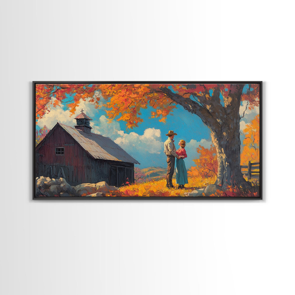 Our First House, Framed Canvas Print, Cowboy & Cowgirl In Love, Fall Landscape Western Art Wall Decor Seasonal Wall Art