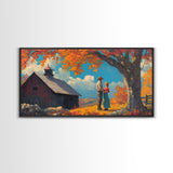 Our First House, Framed Canvas Print, Cowboy & Cowgirl In Love, Fall Landscape Western Art Wall Decor Seasonal Wall Art