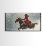 Rider In The Snow, Framed Canvas Print, Winter Wall Art, Rustic Western Decor, Primitive Home Decor, Rustic Farmhouse Art