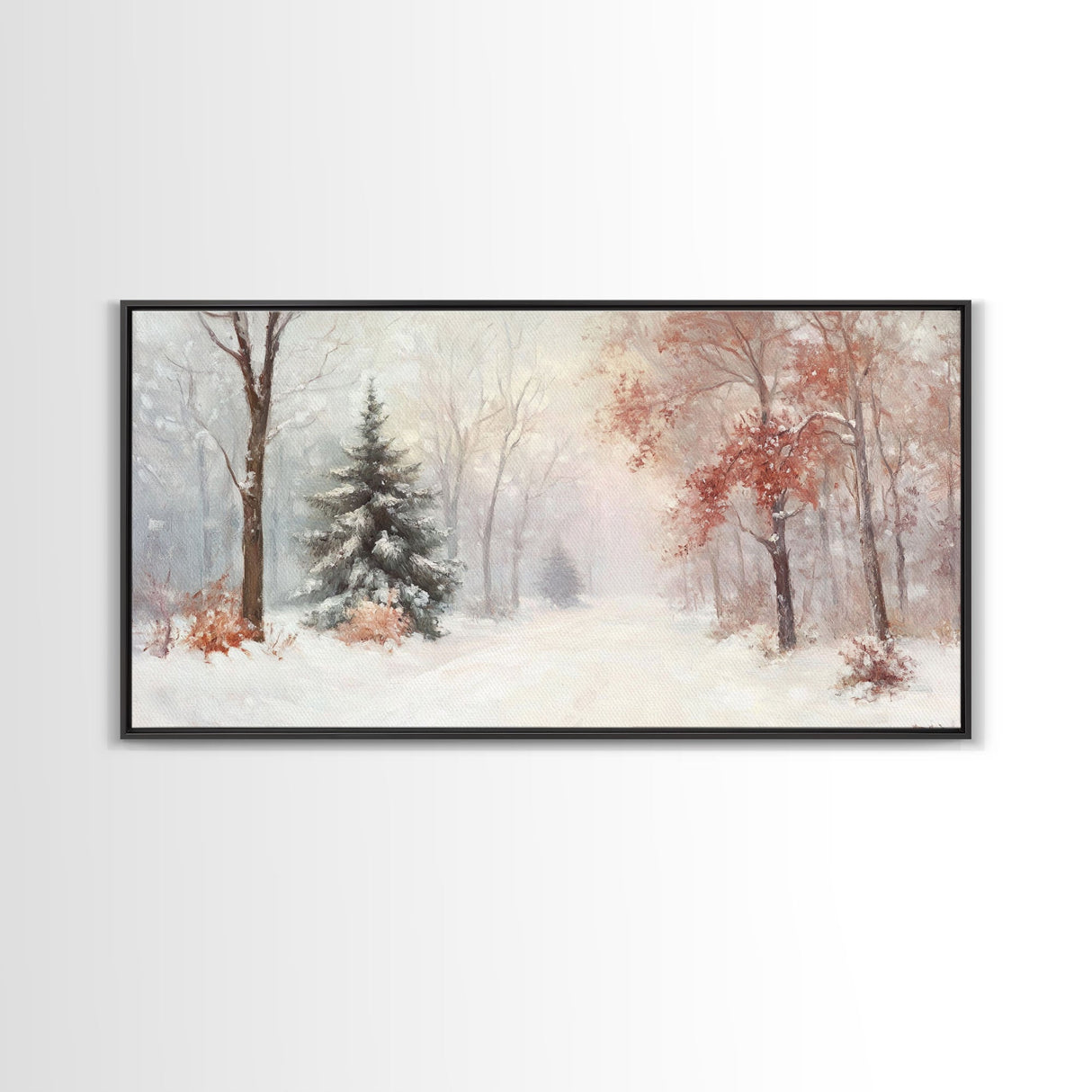 Winter In The Forest, Snowy Landscape Painting, Winter Art, Framed Canvas Print, nostalgic fall festival art for cozy seasonal home decor