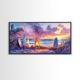 Surfboards And Bonfire At Sunset With Pumpkins, Tropical Beach Christmas Wall Art, Coastal Holiday Framed Canvas Print