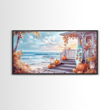 Fall Beachfront Porch With Pumpkins Autumn Decor Framed Canvas Print, Coastal Autumn Home Decor Wall Art Beach Vibes