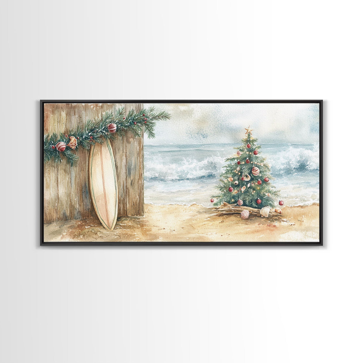 Christmas Tree On Sandy Beach With Surfboard Coastal Decor Framed Canvas Print, Beach Christmas Decor Wall Art