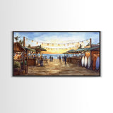 Beach Christmas Market Framed Canvas Print, Coastal Holiday Market Scene Wall Art, Christmas Decor Wall Art