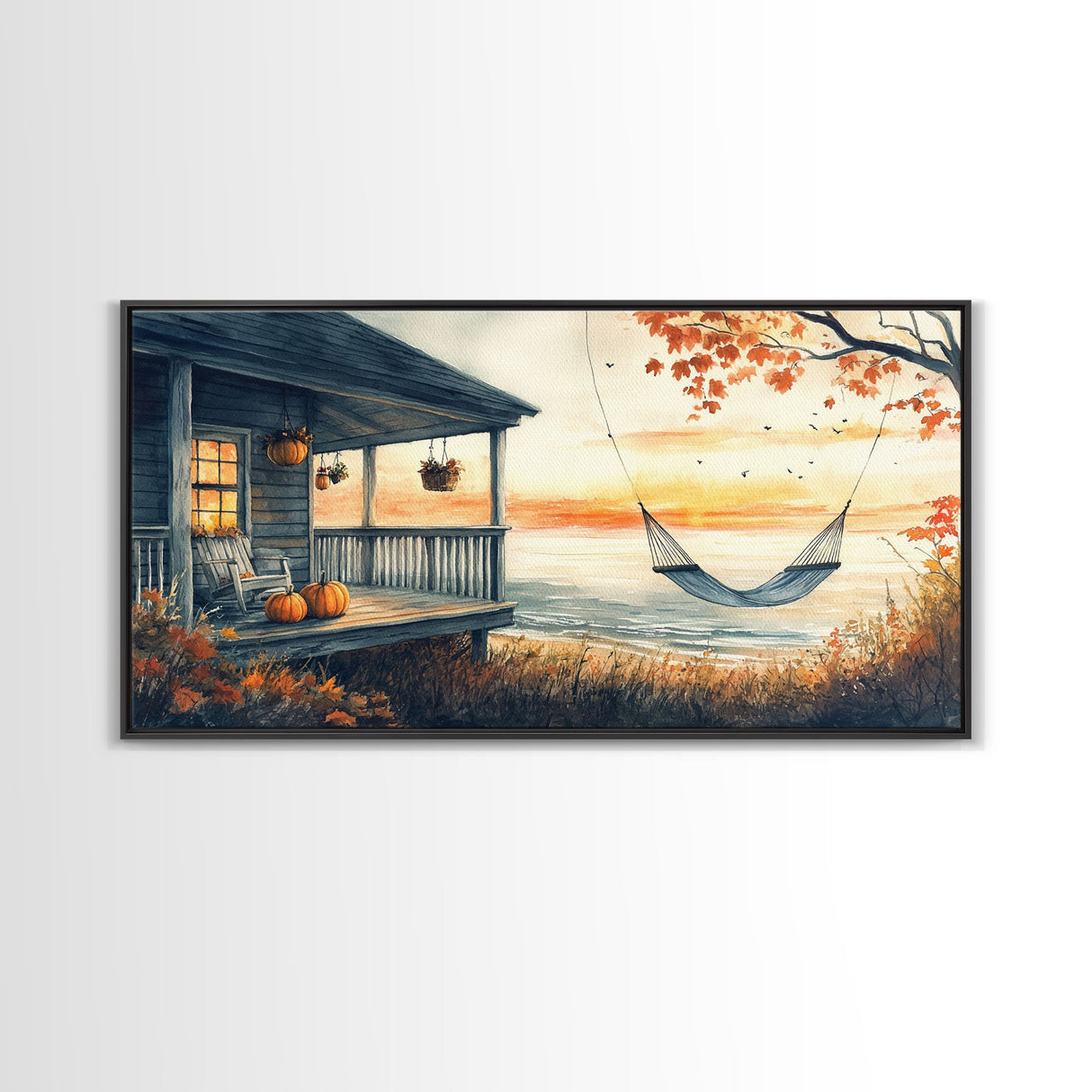 Cozy Autumn Porch with Pumpkins Framed Canvas Print, Warm Sunset Beach Scene Perfect Fall Seasonal Wall Art and Home Decor