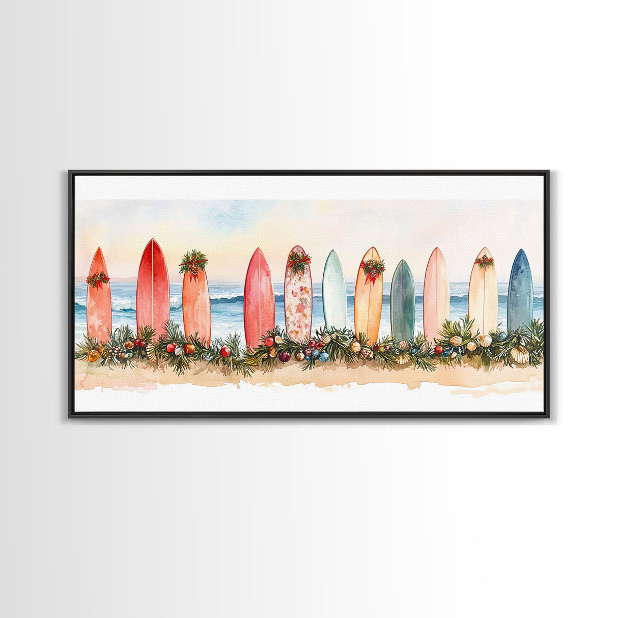 Surfboard Christmas Decor Framed Canvas Print, Coastal Holiday Scene with Festive Garland and Beachy Vibes Tropical Christmas Art