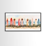 Surfboard Christmas Decor Framed Canvas Print, Coastal Holiday Scene with Festive Garland and Beachy Vibes Tropical Christmas Art